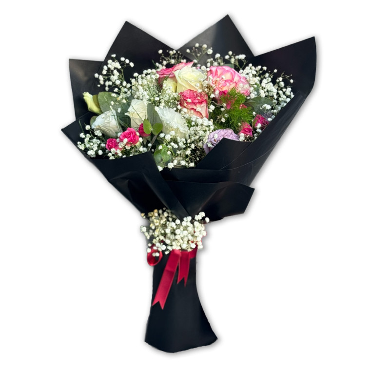 BEYAZ GÜL PEMBE 12 GÜL SİYAH BUKET 